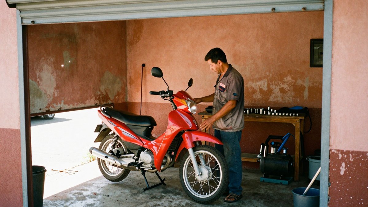 Mecánico revisa una moto roja en un taller pequeño de paredes ocres con cortina metálica abierta