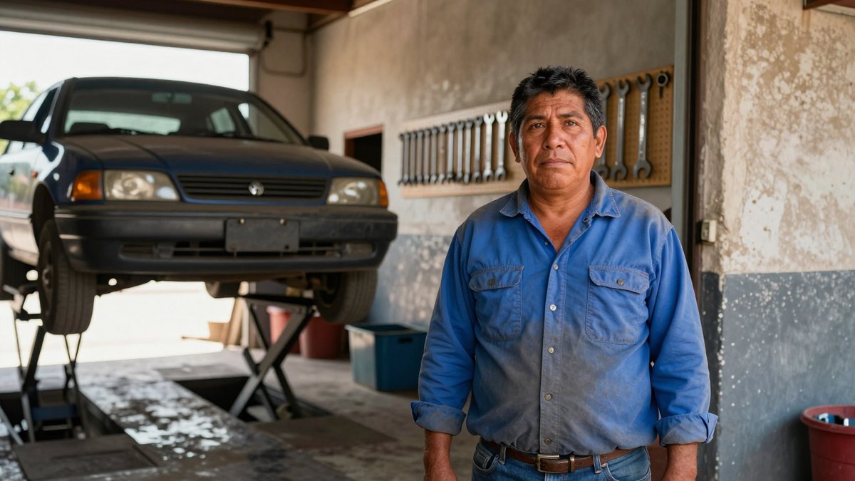 Mecánico mexicano con camisa azul de trabajo en su taller, junto a un sedán elevado