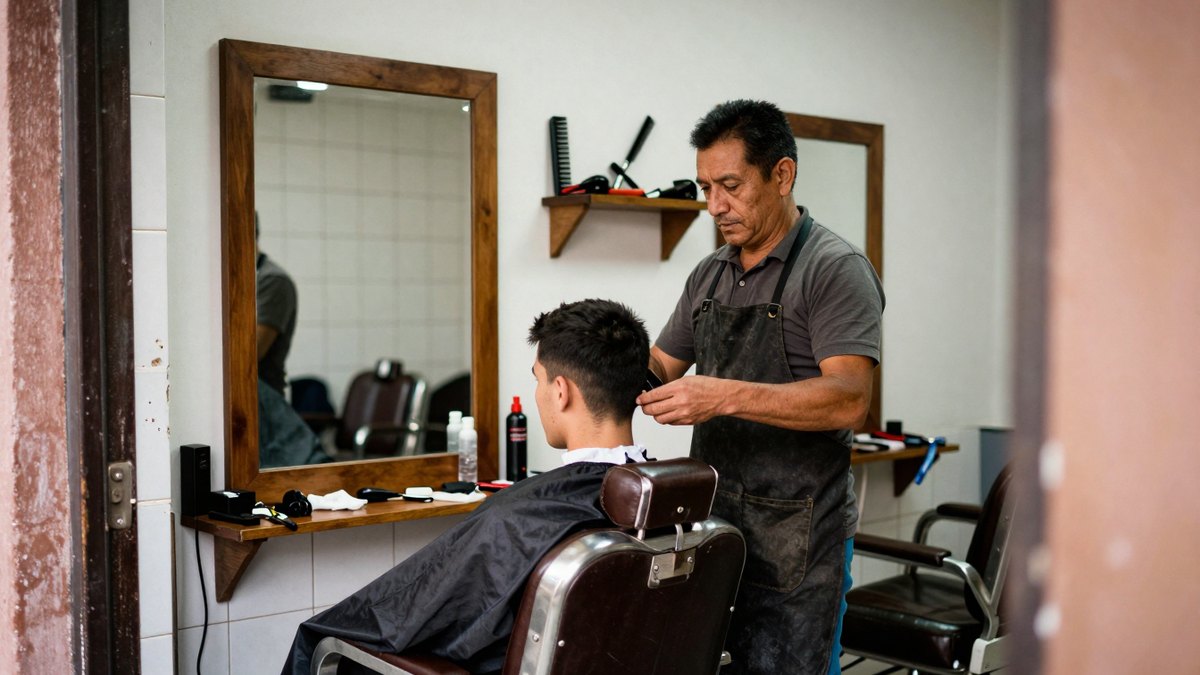 Barbero mexicano con mandil oscuro corta el cabello a un cliente joven en una barbería de barrio