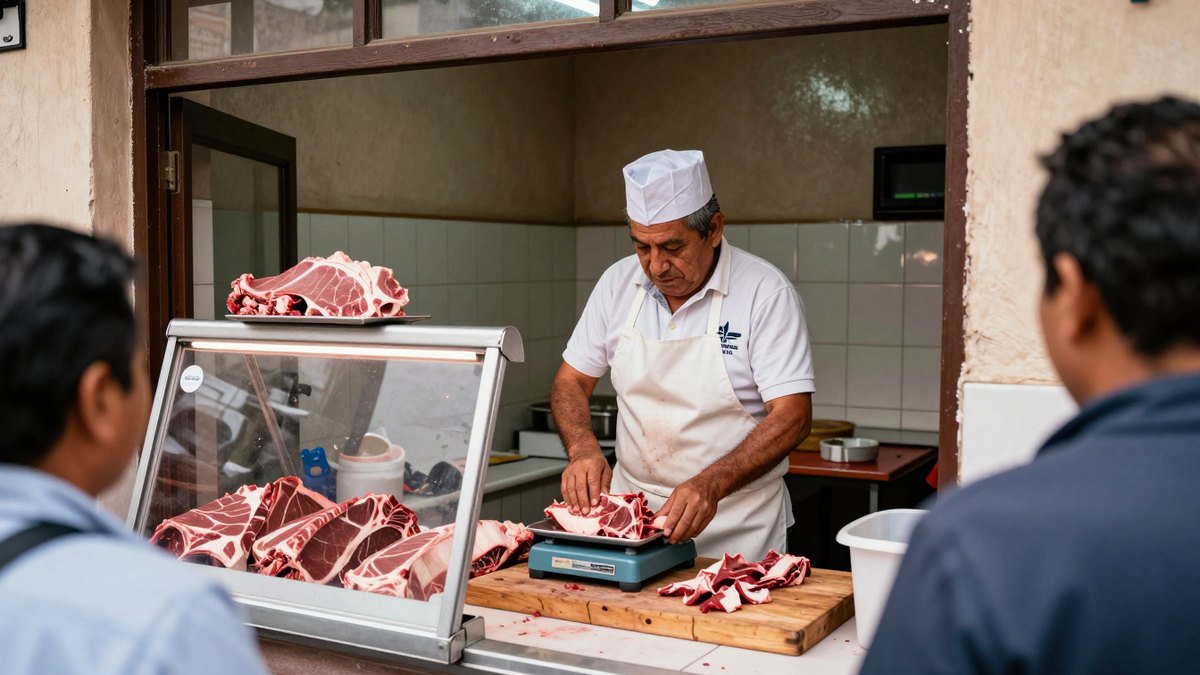 Carnicero mexicano con delantal y gorro pesa carne en una báscula mientras atiende a clientes en la ventana