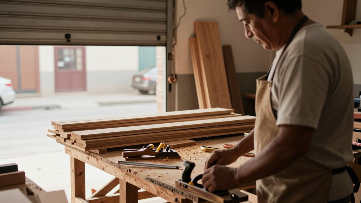 Carpintero mexicano con delantal cepilla una tabla en su taller con la cortina abierta