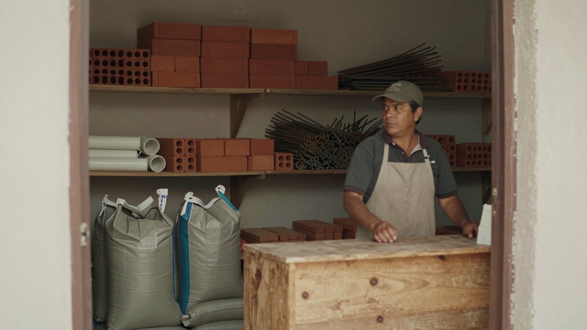 Dueño de una casa de materiales en México detrás de un mostrador de madera, con ladrillos y varillas