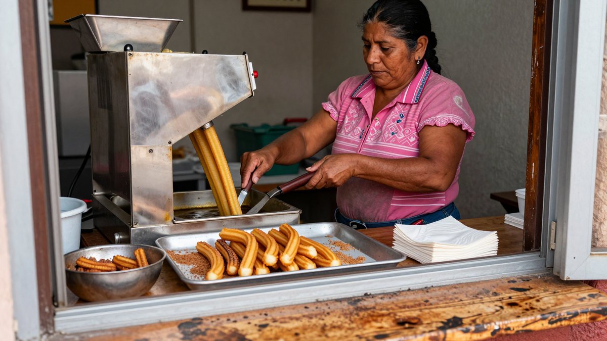 Mujer mexicana prepara churros con máquina de acero inoxidable en la ventana de una churrería