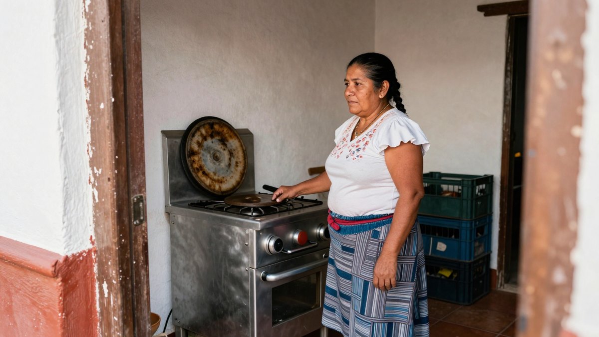 Mujer mexicana de mediana edad observa una estufa de acero usada y un comal en una cocina de fonda
