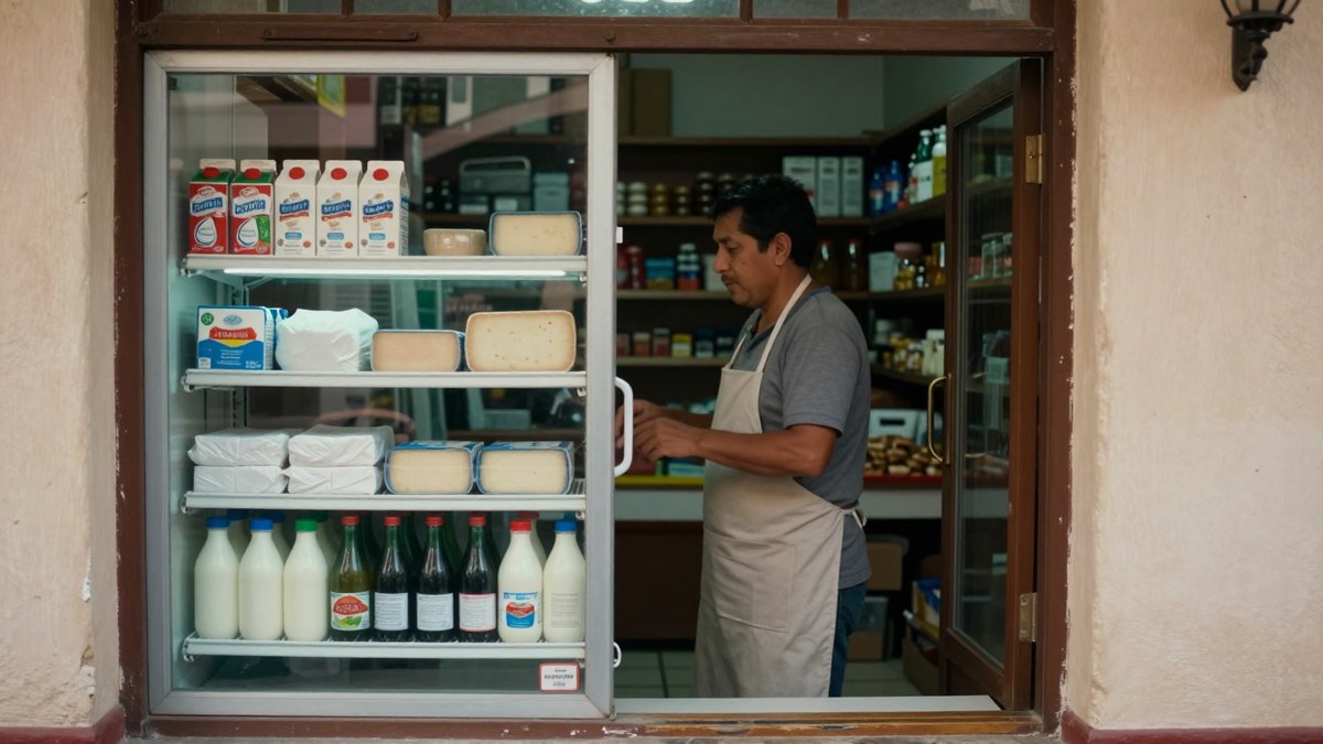 Dueño de cremería mexicana con delantal junto a refrigerador con leche, quesos y botellas de vidrio