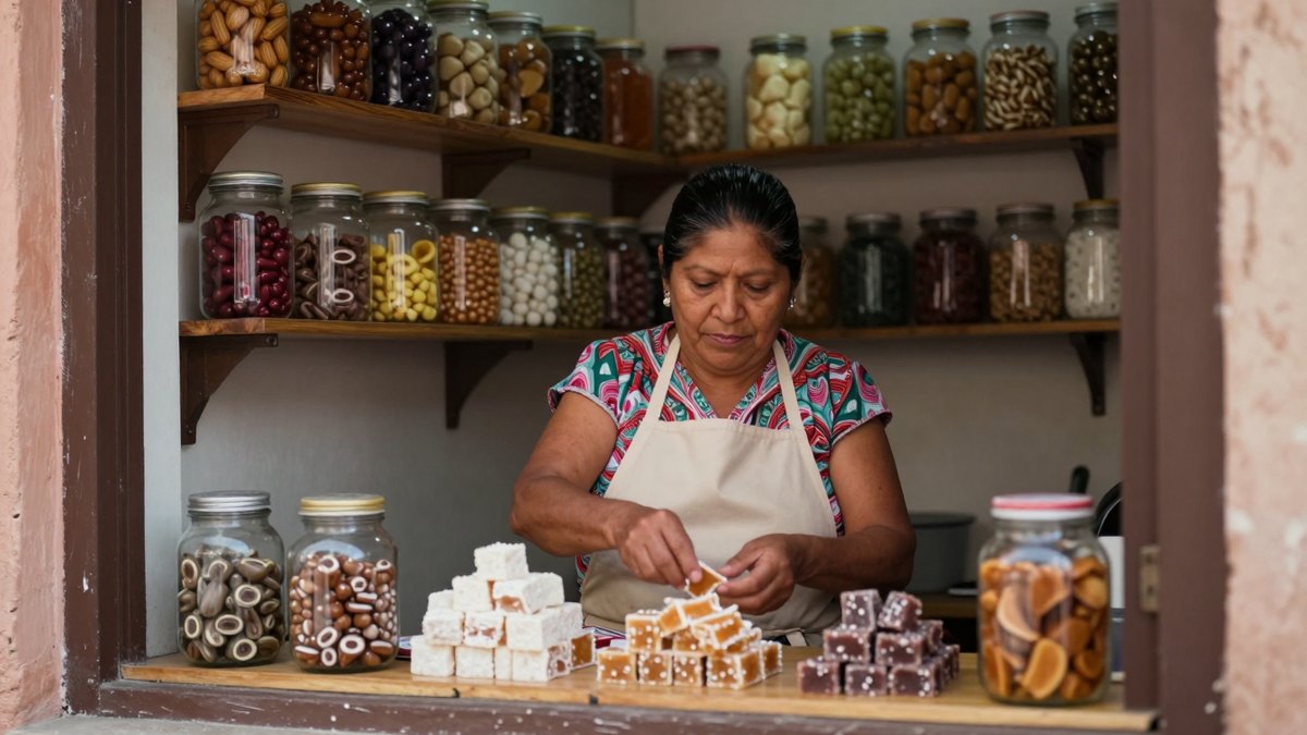 Mujer mexicana con delantal acomoda dulces tradicionales frente a frascos de vidrio en una dulcería de barrio