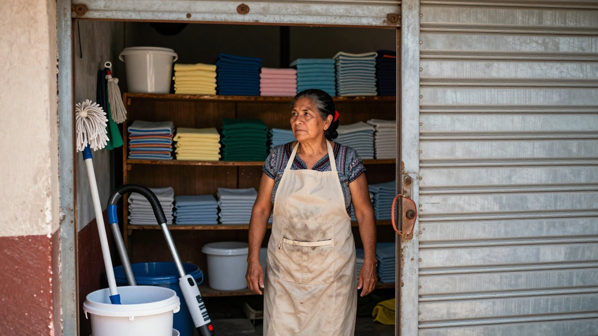 Mujer mexicana con delantal en la entrada de una bodega de limpieza con cubetas, trapeador y paños doblados