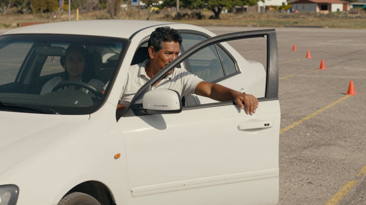 Instructor de manejo mexicano con la puerta abierta de un sedán blanco mientras una alumna conduce en el estacionamiento de prácticas