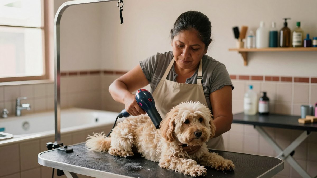 Mujer mexicana con delantal seca con secadora a un perro crema sobre mesa de acero en una estética canina