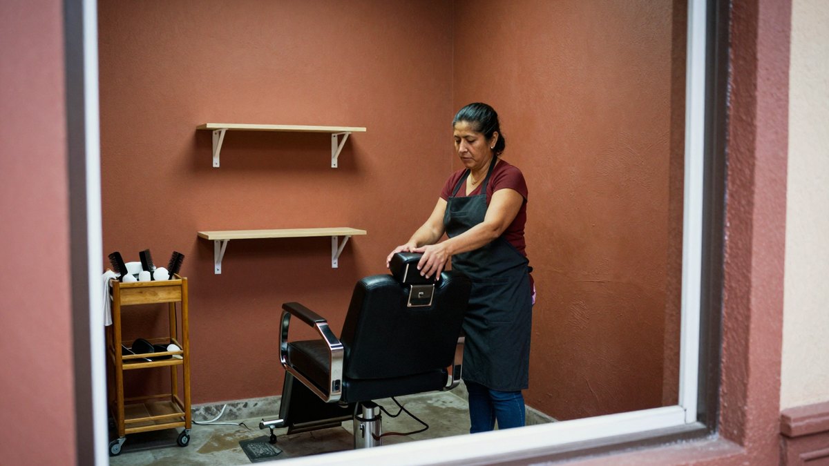 Esteticista con delantal oscuro ajusta una silla reclinable nueva en un local pequeño de paredes terracota