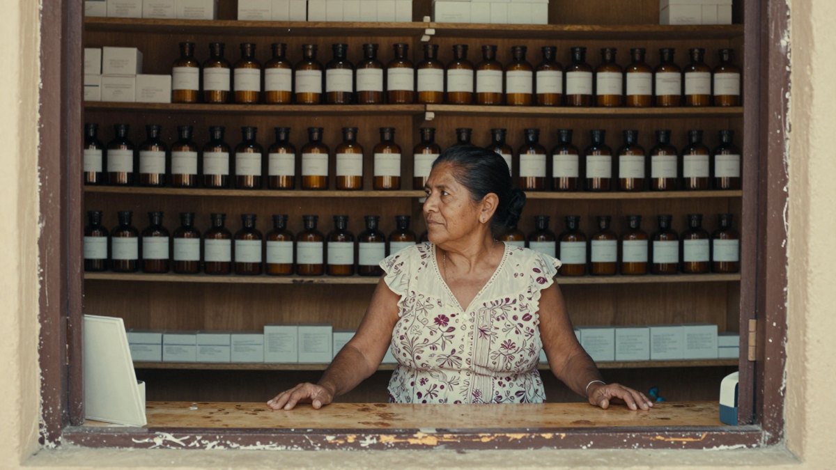Dueña de una farmacia de barrio atrás del mostrador de madera con frascos ámbar al fondo
