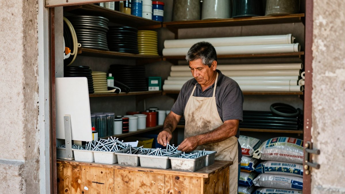 Ferretero mexicano con delantal de lona clasificando clavos en un mostrador de madera, con tubos PVC y costales al fondo