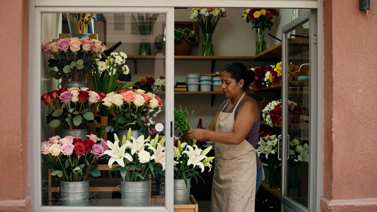 Florista mexicana con delantal acomoda tallos junto a cubetas de rosas y lilas en su florería