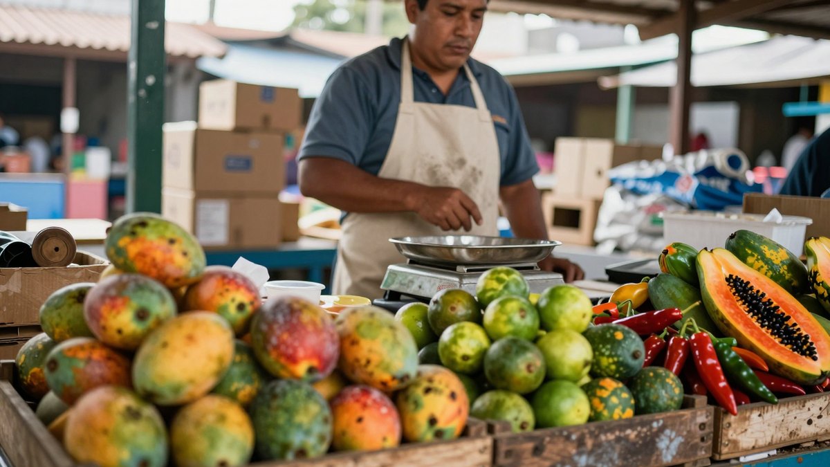 Vendedor con delantal pesa fruta en un puesto de mercado mexicano con mangos, limas, papaya y chiles