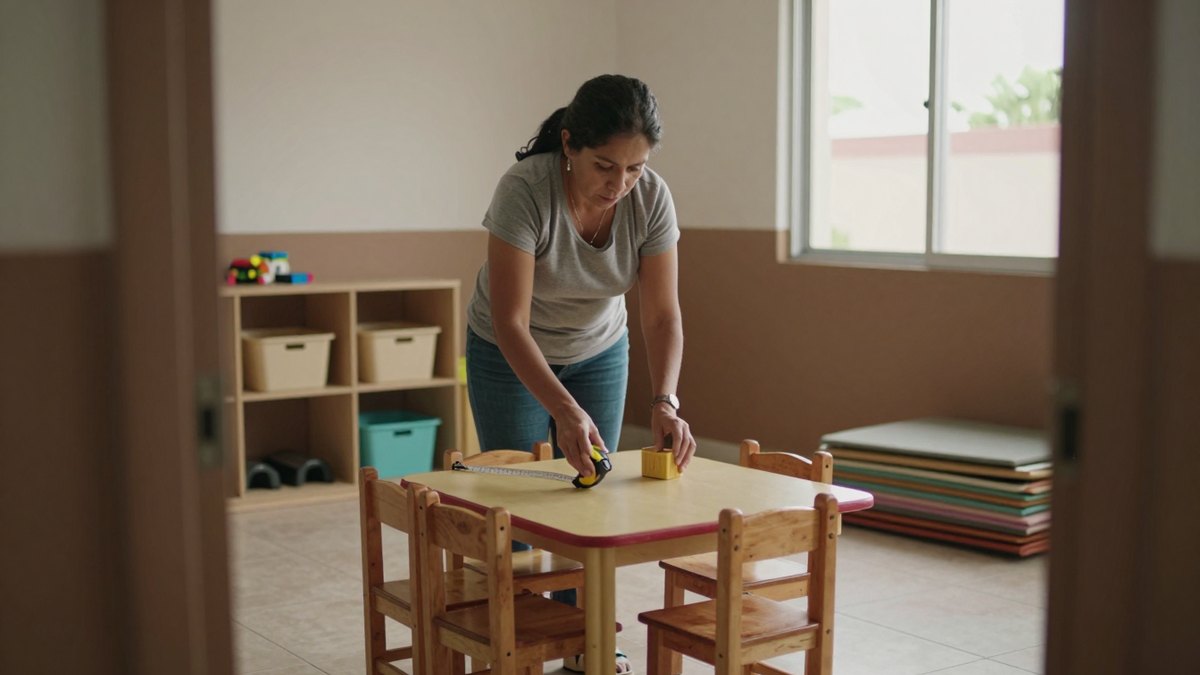 Mujer mide con flexómetro una mesa infantil de madera en un salón de guardería vacío
