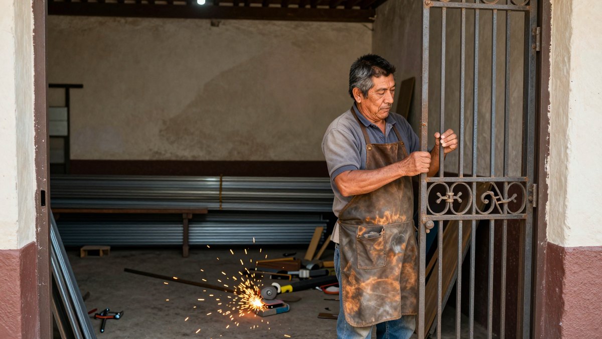 Herrero mexicano con mandil de cuero revisa una reja de hierro forjado en su taller