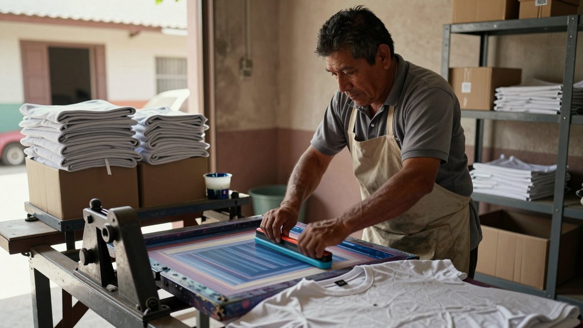 Hombre mexicano con delantal usa un rasero en una prensa manual de serigrafía sobre playeras