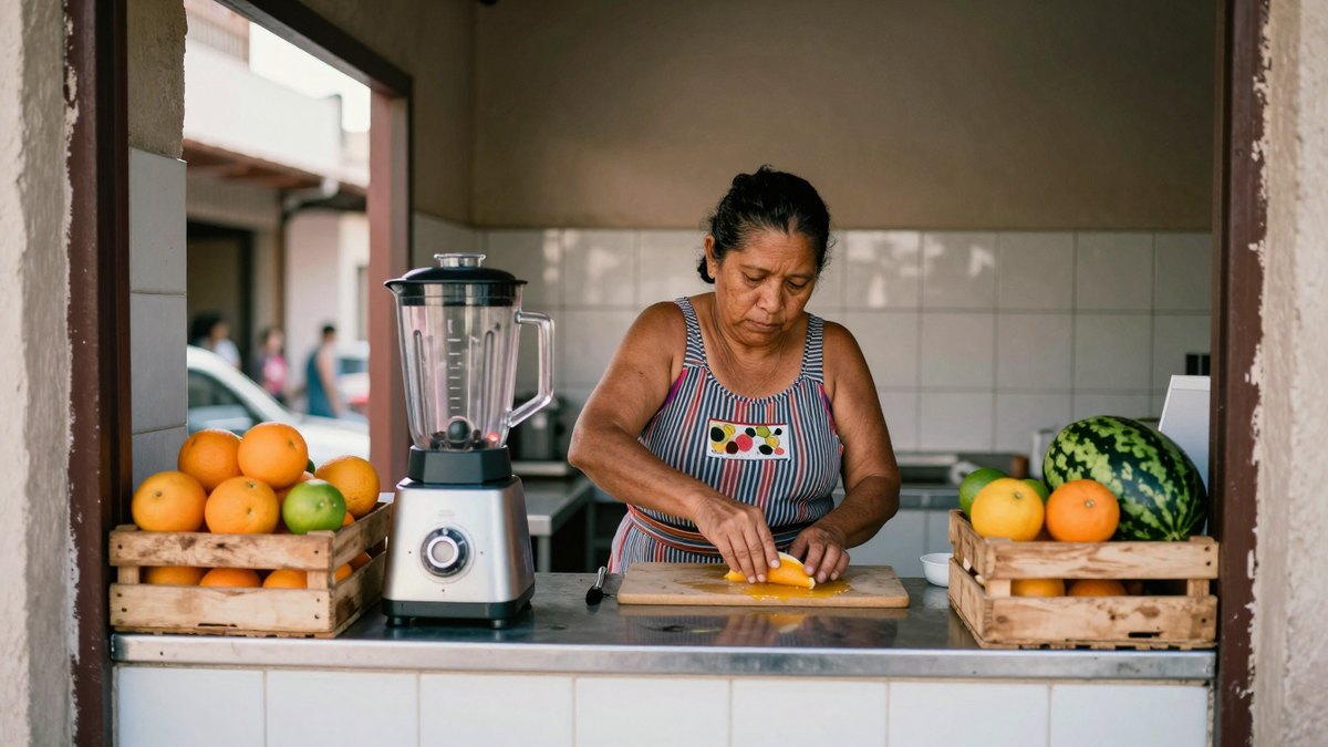 Mujer mexicana corta fruta en el mostrador de acero de su juguería, con cajas de naranjas y sandía