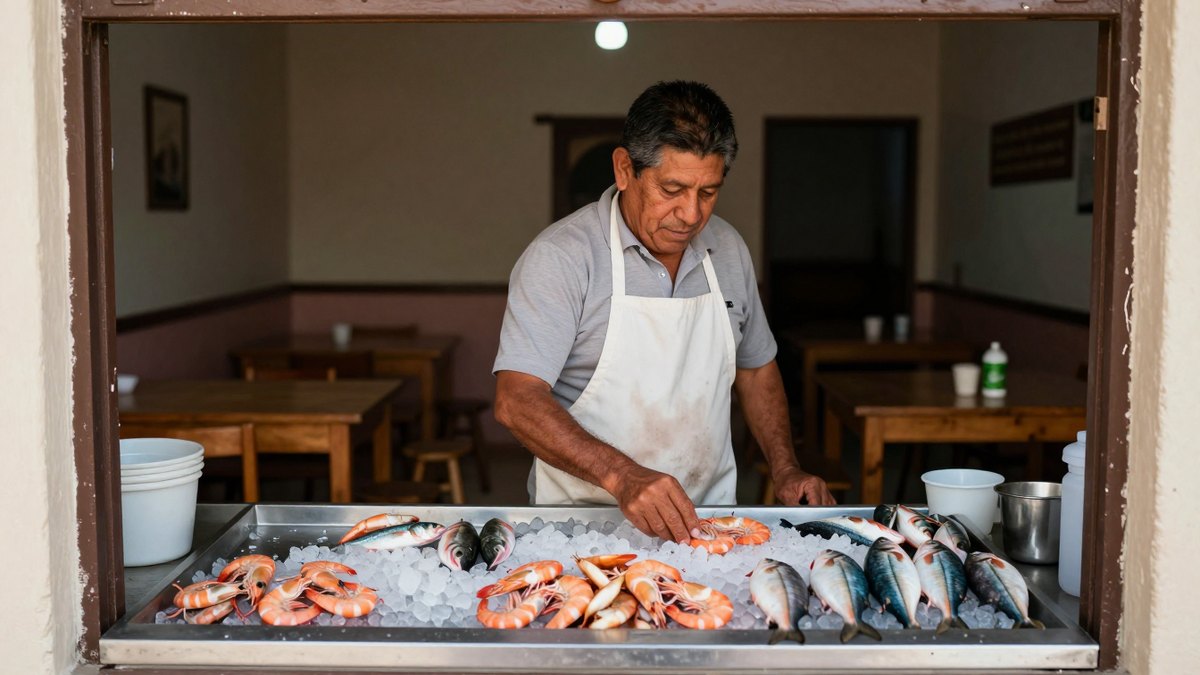 Dueño de marisquería con mandil blanco acomoda camarones y pescados sobre hielo en la barra