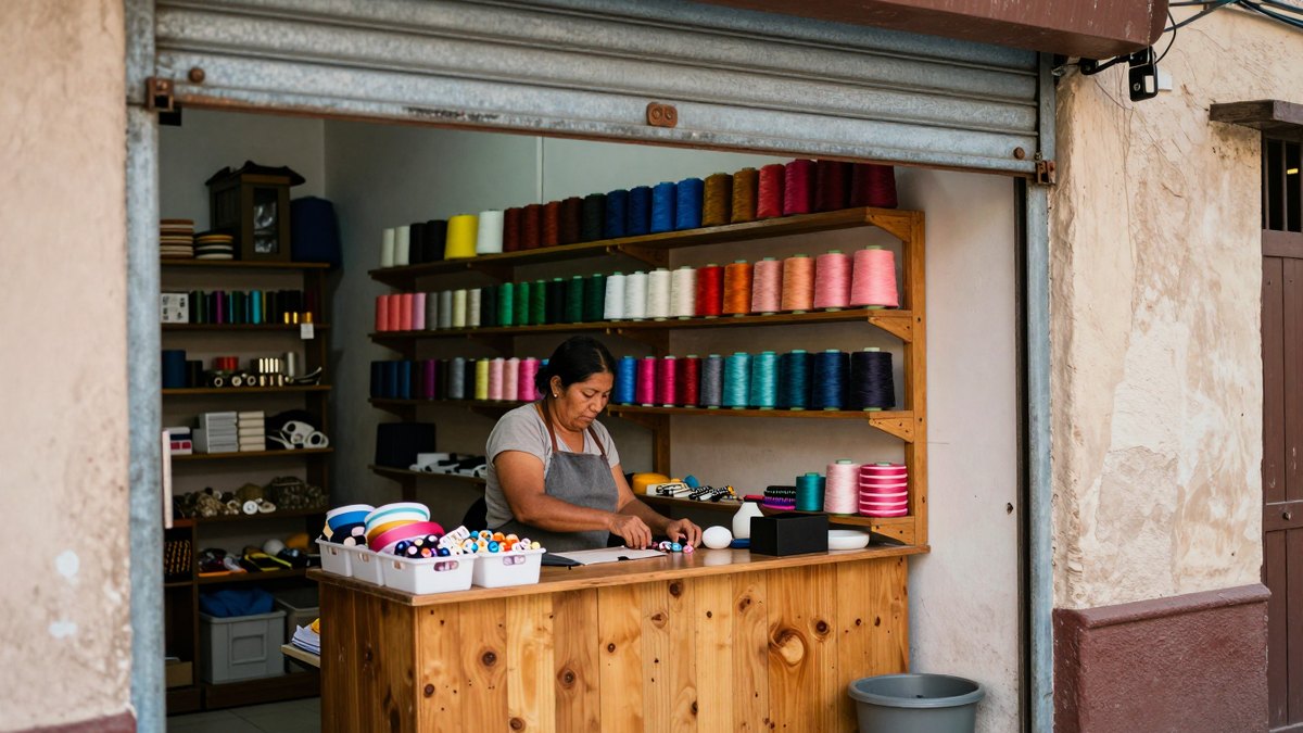 Mercera acomoda carretes de hilo de colores tras un mostrador de madera en su local de barrio