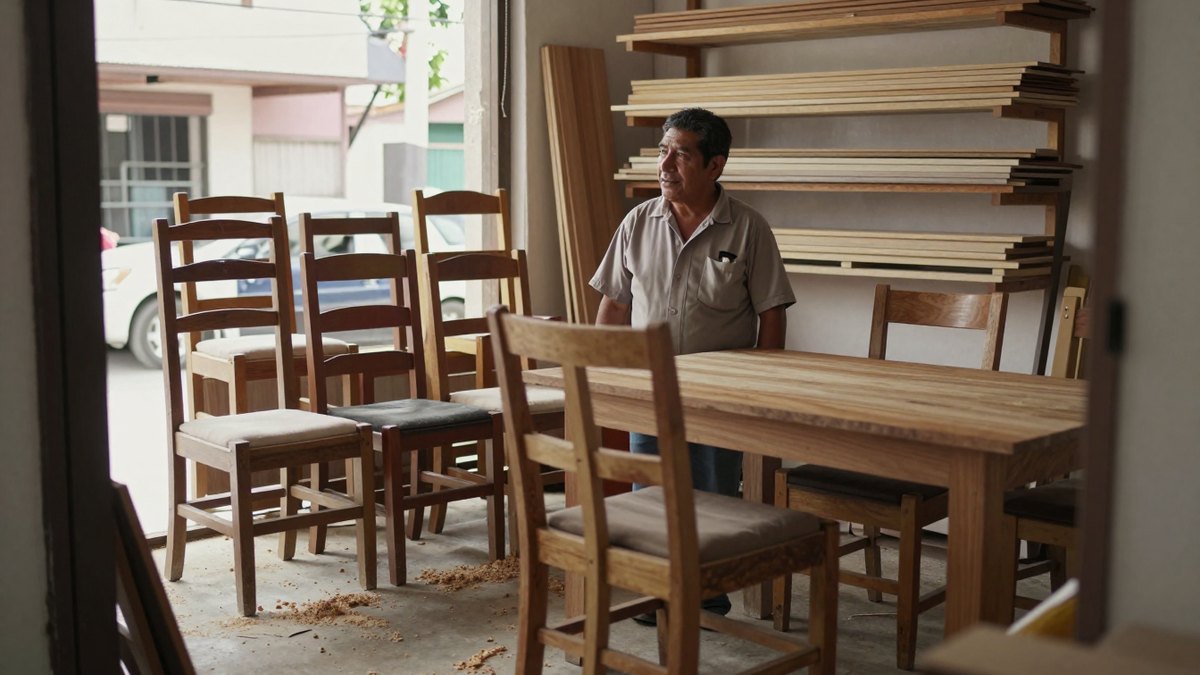 Carpintero mexicano de camisa beige mira por la puerta de su mueblería entre sillas de madera