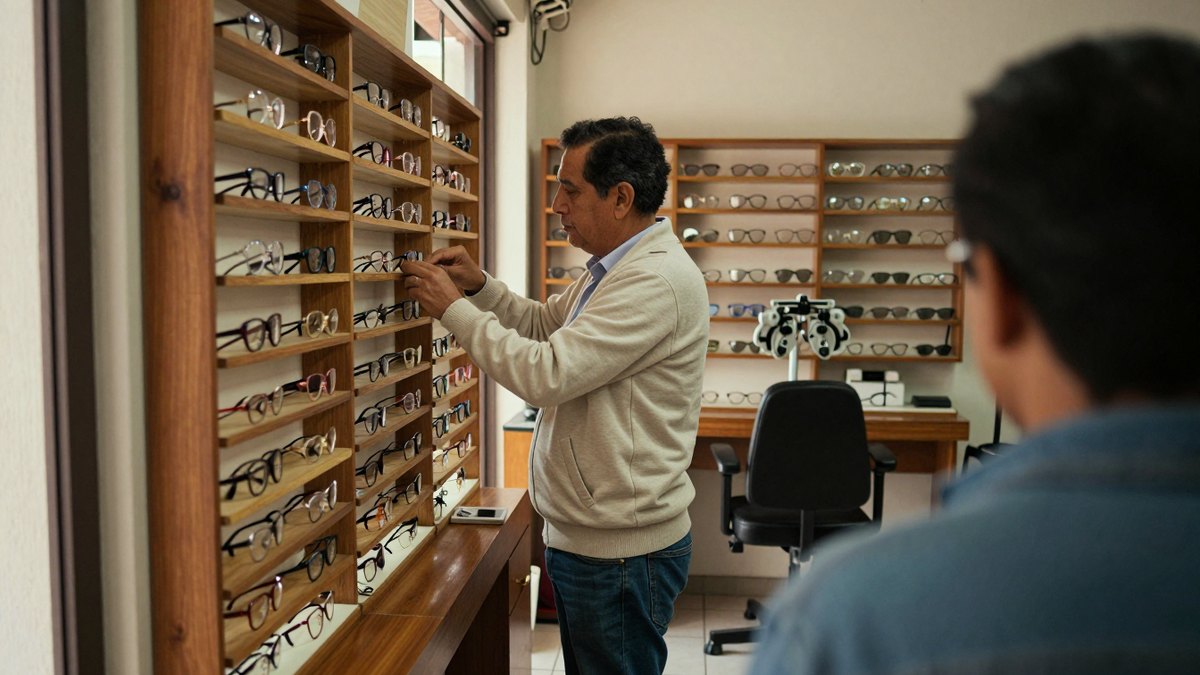 Óptico con cárdigan claro acomoda armazones en un muro de madera mientras un cliente observa de espaldas