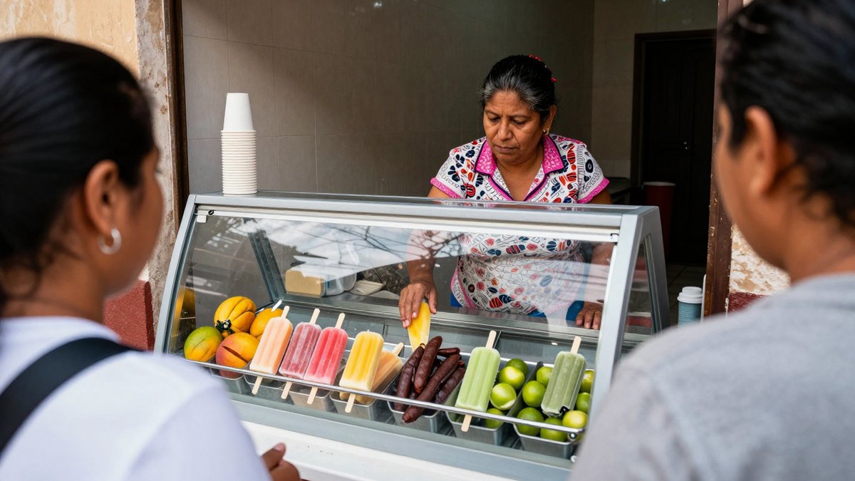Paletera mexicana atiende detrás de una vitrina de paletas de mango, tamarindo y limón