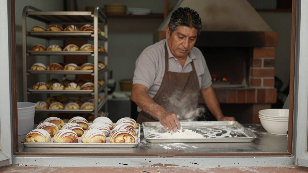 Panadero mexicano espolvorea harina sobre una charola junto a conchas recién horneadas en una panadería de barrio