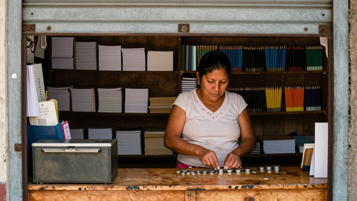 Mujer mexicana acomoda monedas en un mostrador de madera de una papelería con cuadernos y lápices