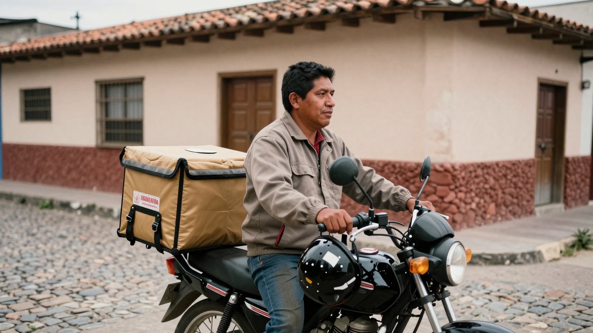 Repartidor mexicano en moto con caja de carga por una calle empedrada junto a casas con tejas