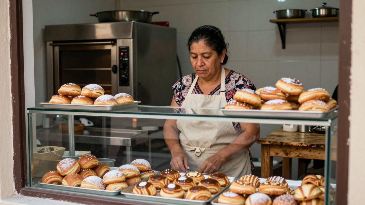 Panadera mexicana con delantal acomoda pan dulce en una vitrina de cristal, con horno y mesa al fondo