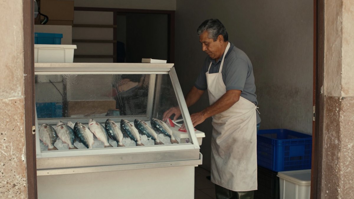 Pescadero mexicano con delantal blanco acomoda pescados sobre hielo en una vitrina de su pescadería