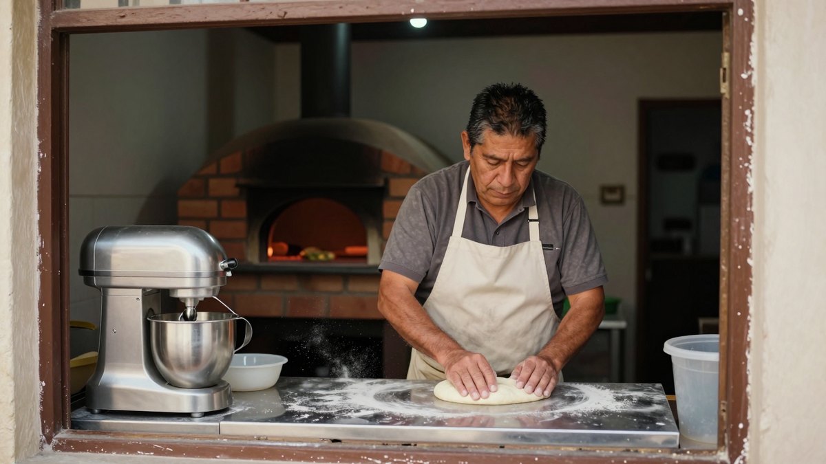 Pizzero mexicano con delantal amasando masa sobre mesa de acero, con horno de leña y batidora detrás