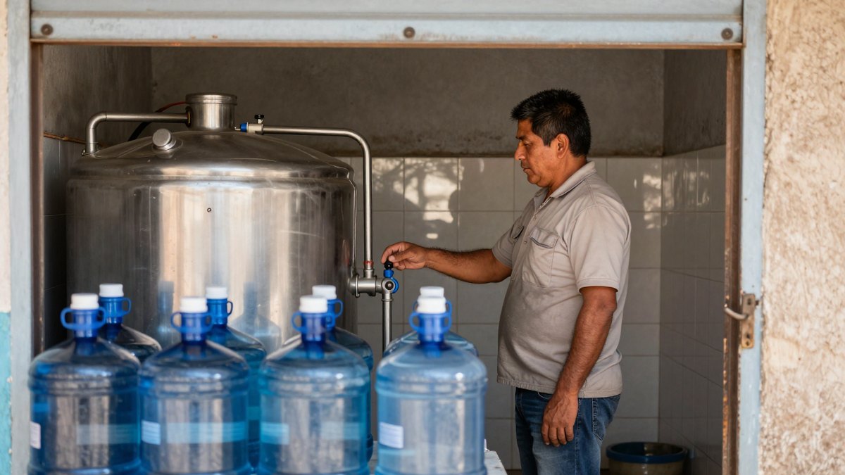 Hombre mexicano en una purificadora de barrio llena garrafones junto a un tanque de acero inoxidable