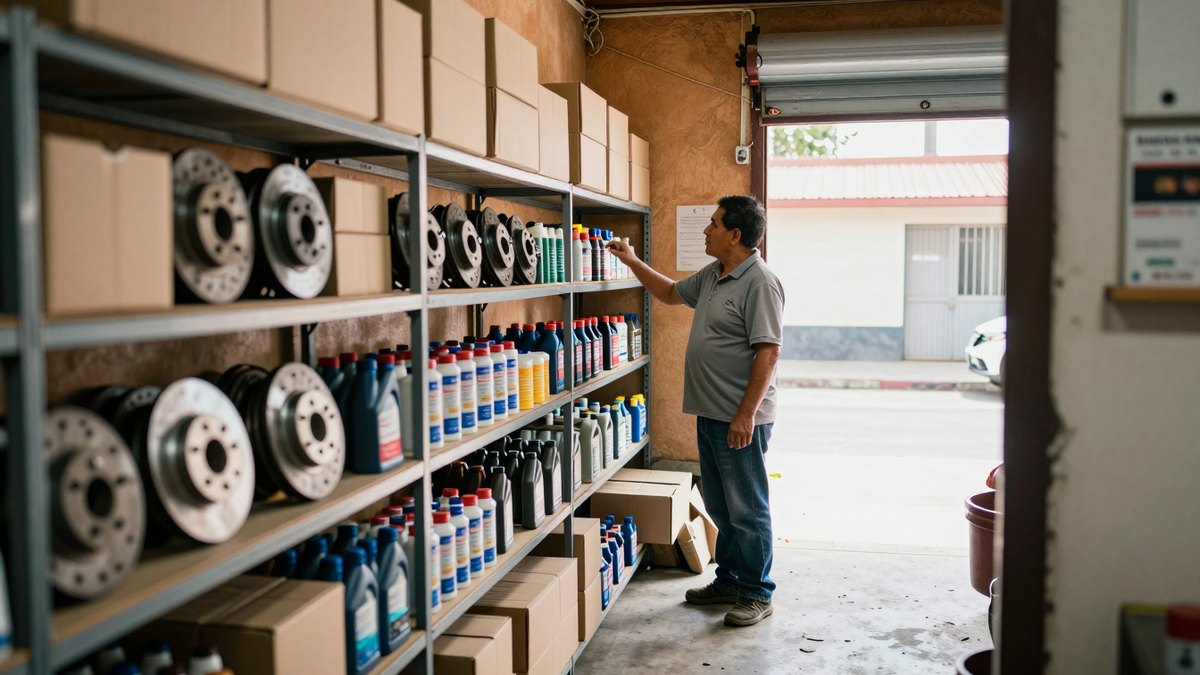 Dueño de refaccionaria mexicana revisa estantes metálicos con discos de freno, aceites y cajas de cartón