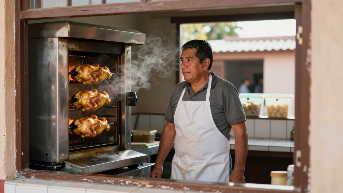 Dueño de rosticería mexicana con delantal junto al horno de pollos dorados girando con vapor