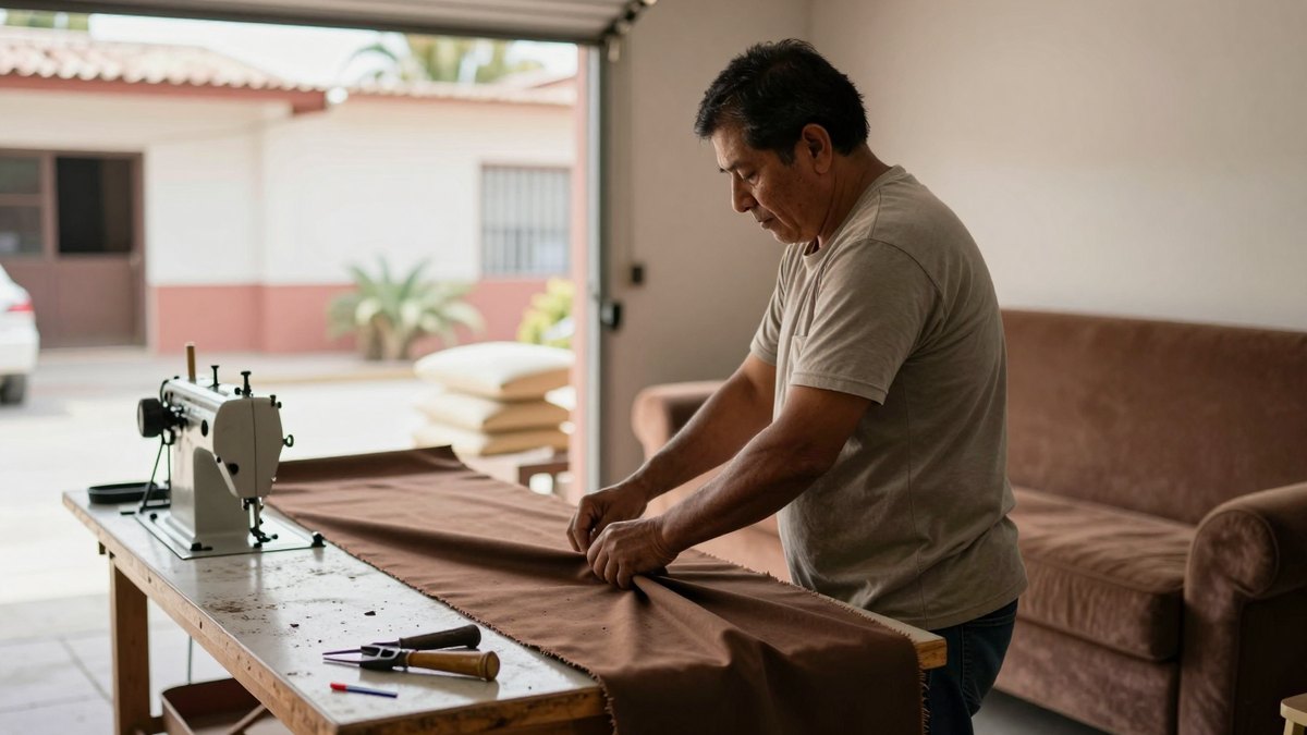 Tapicero mexicano tendiendo tela café sobre una mesa de trabajo en su taller con cochera abierta