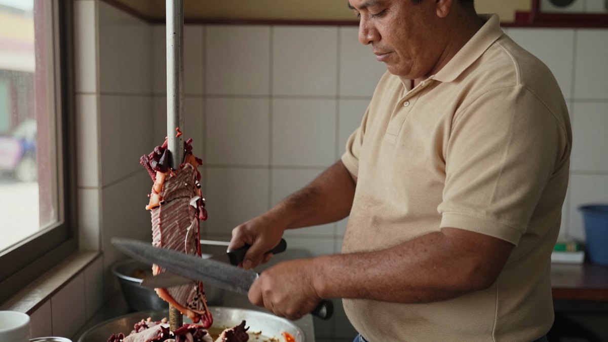 Taquero con polo beige rebana carne de un trompo con cuchillo en una taquería mexicana