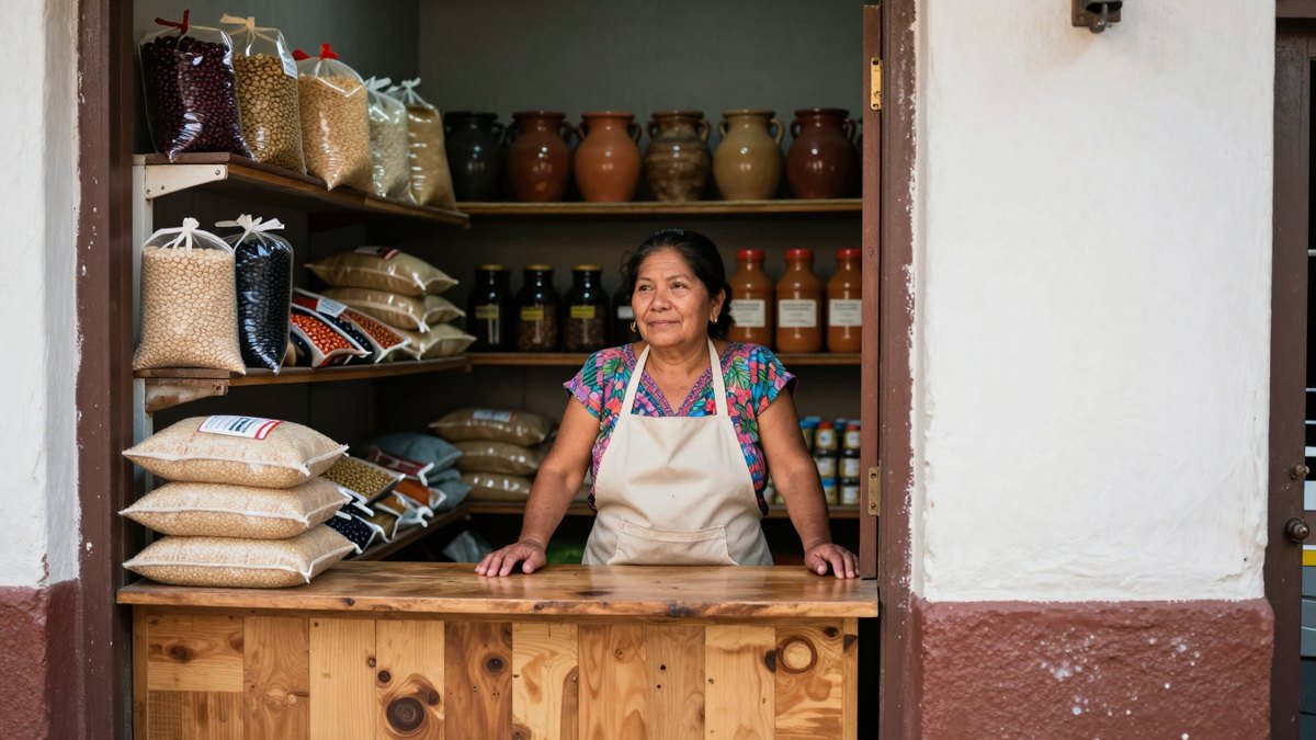 Tendera mexicana con delantal detrás de un mostrador de madera en su tiendita de abarrotes