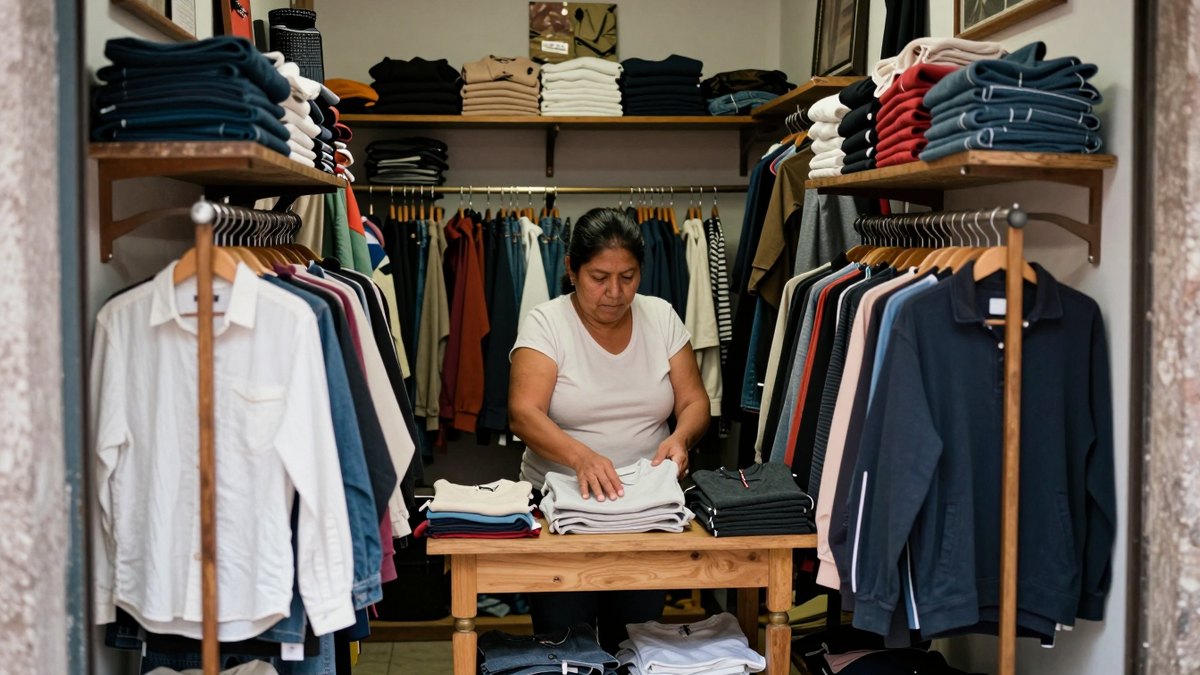 Dueña de una tiendita de ropa en México doblando camisetas sobre una mesa de madera