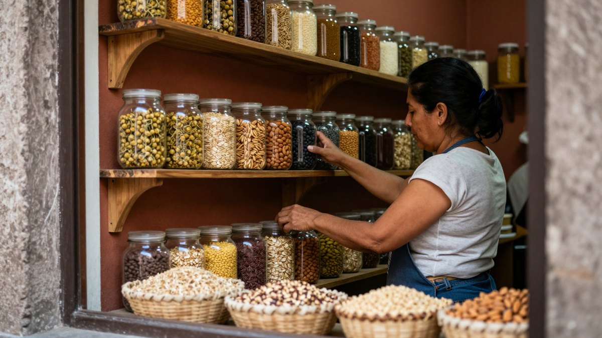Mujer mexicana acomoda frascos de granos y semillas en repisas de madera de una tienda de barrio