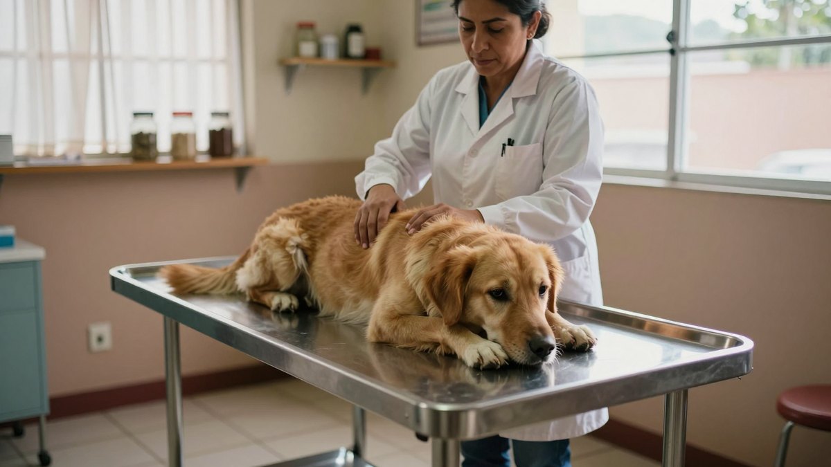 Veterinaria con bata blanca acaricia a un perro dorado sobre mesa de acero en consultorio