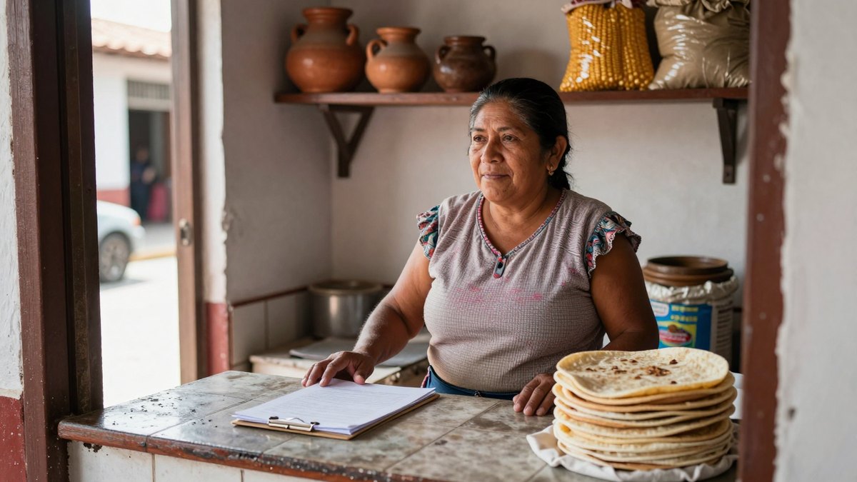 Dueña de una tortillería mexicana tras el mostrador, con una carpeta junto a una pila de tortillas