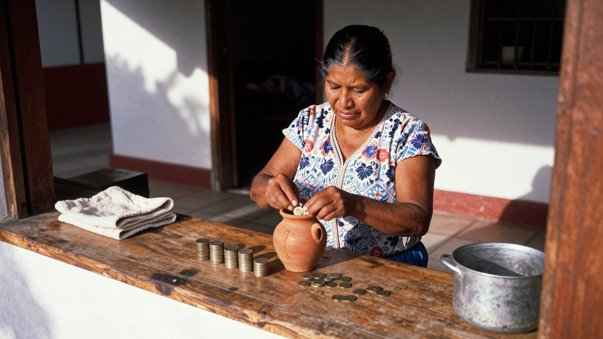 Mujer mexicana de una fonda cuenta monedas junto a un jarro de barro sobre un mostrador de madera