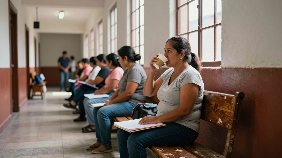 Mujer sentada en banca de madera en pasillo de oficina, con vaso y carpeta, esperando turno