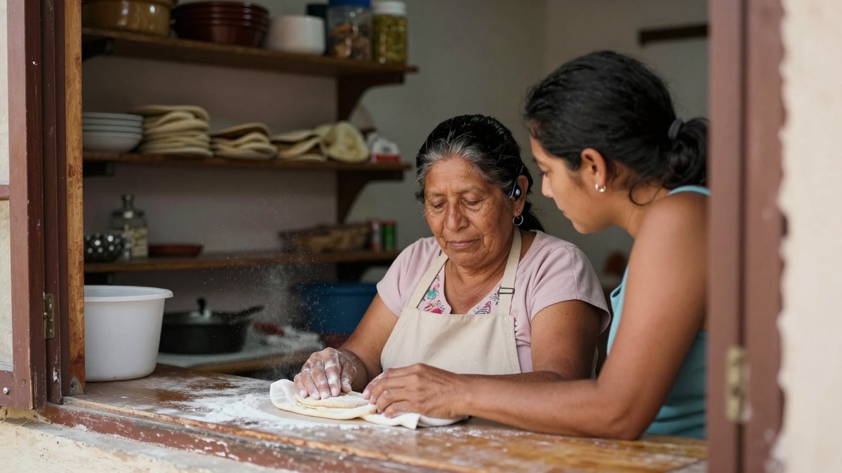Mujer mayor amasando tortillas con un auxiliar auditivo en la oreja, mientras su hija la acompaña
