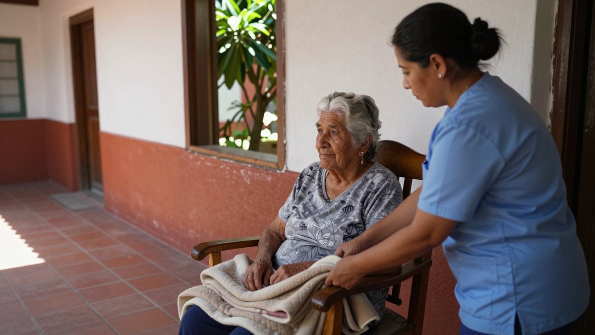 Anciana mexicana de cabello plateado en mecedora mientras una cuidadora de uniforme azul le acomoda una cobija