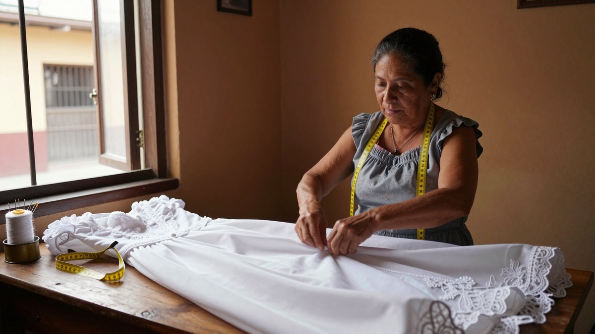 Costurera mexicana ajusta el dobladillo de un ropón blanco de bautizo sobre una mesa de madera