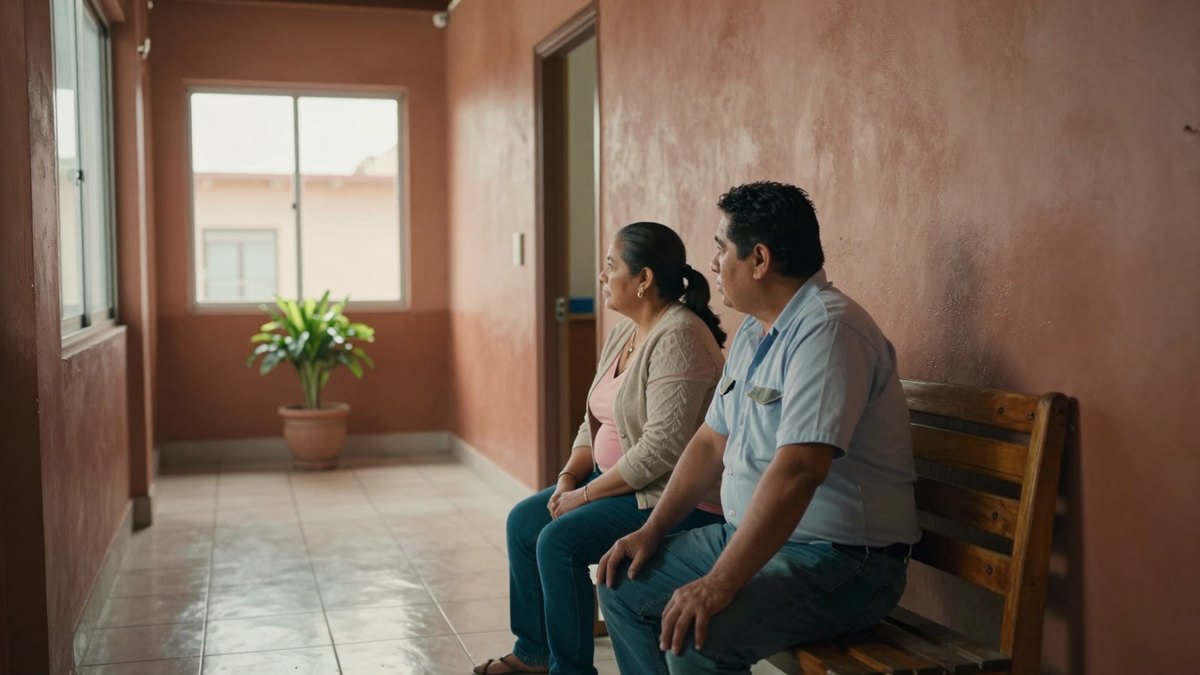 Pareja mexicana de mediana edad sentada en una banca de madera en el pasillo de una clínica
