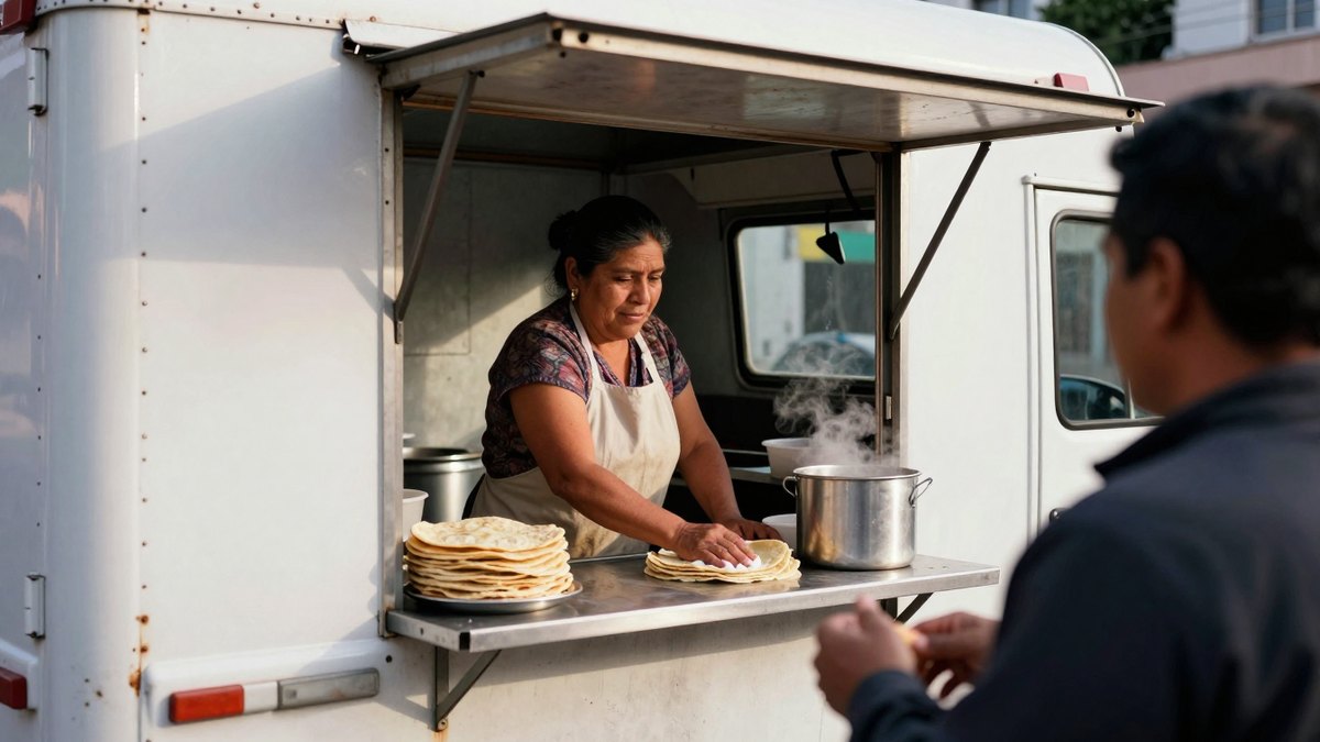Mujer mexicana con delantal limpia el mostrador de una food truck blanca con tortillas y olla humeante